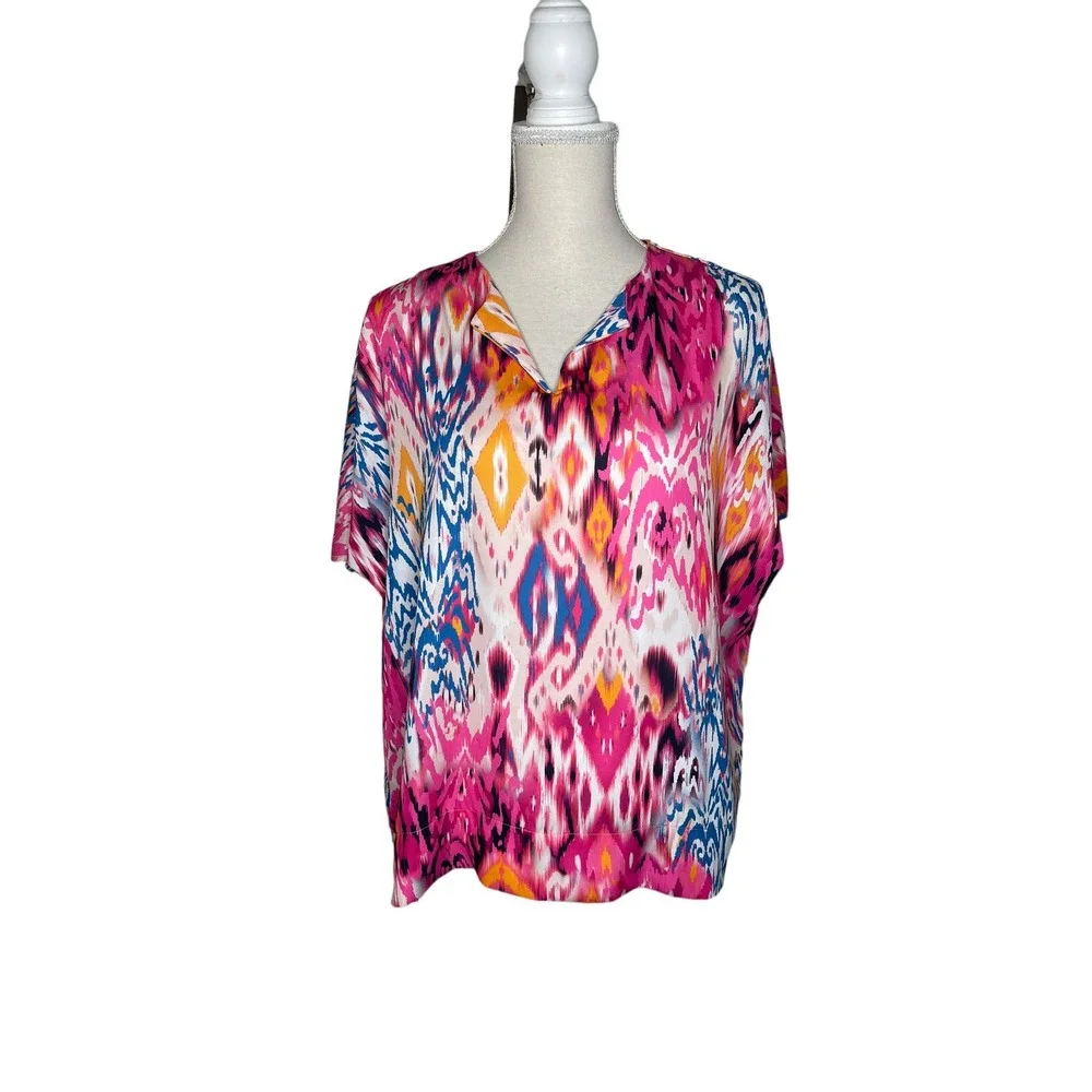 Chicos Multi Ikat Print Split Neck Short Sleeve Tunic SZ‎ O - Picture 3 of 6